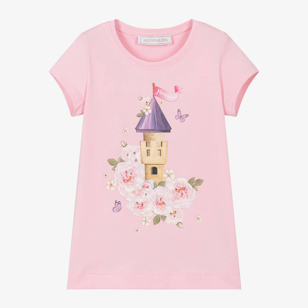 Monnalisa - Girls Pink Cotton Princess Castle T-Shirt | Childrensalon