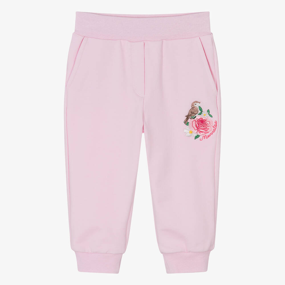 Monnalisa - Розовые хлопковые джоггеры с розой и птичкой для девочек | Childrensalon