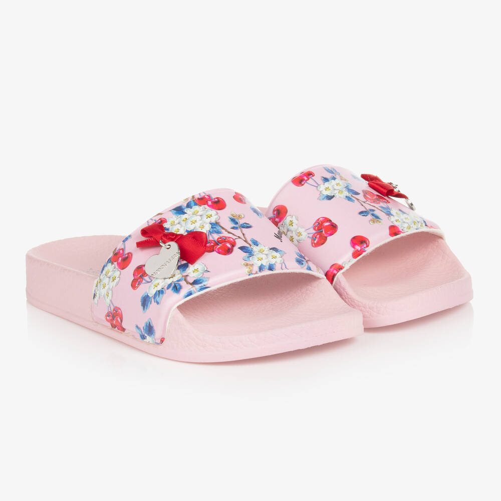 Monnalisa - Girls Pink Floral Cherry Sliders | Childrensalon