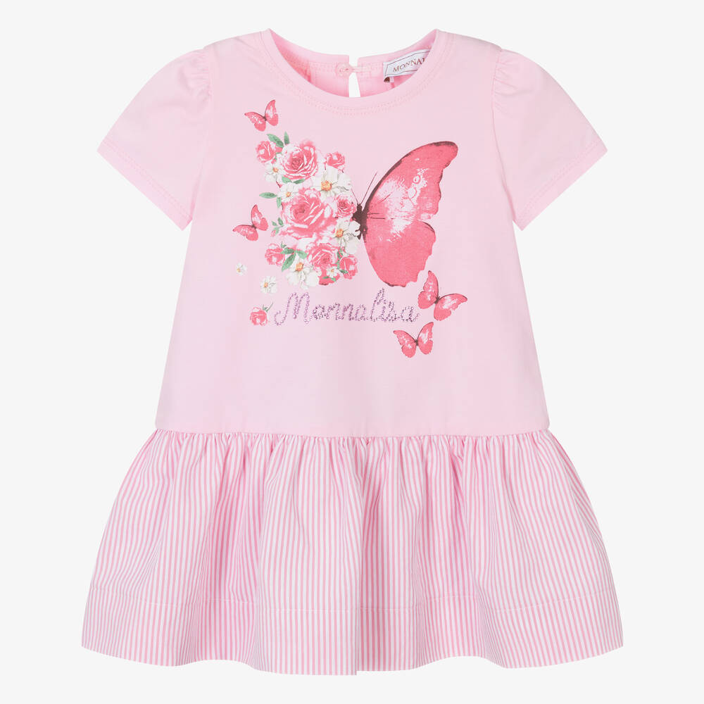 Monnalisa - Girls Pink Floral Cotton Butterfly Dress | Childrensalon