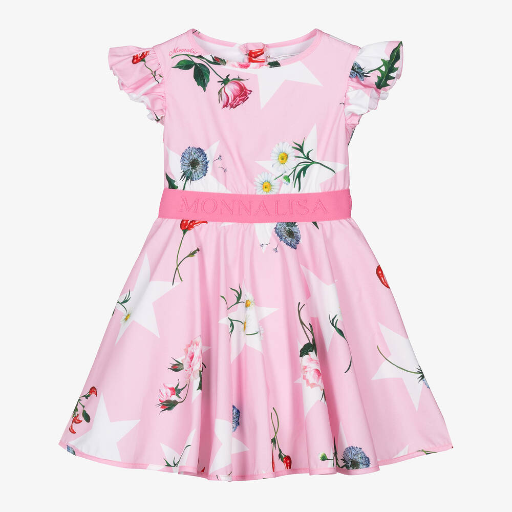 Monnalisa - Розовое хлопковое платье с цветами для девочек | Childrensalon