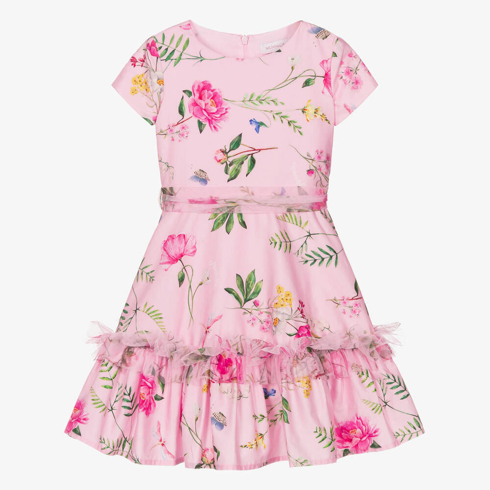 Monnalisa Chic - Girls Pink Floral Cotton Sateen Dress | Childrensalon