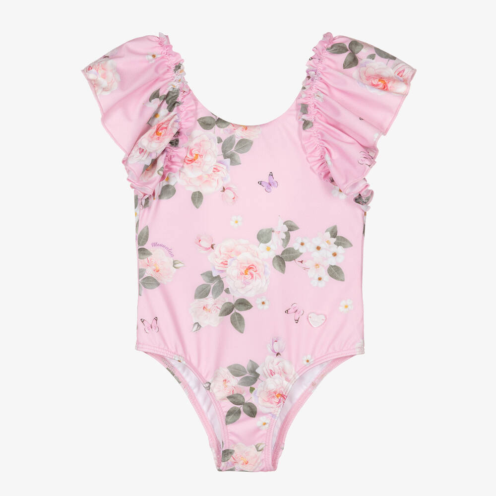 Monnalisa - Girls Pink Floral Print Swimsuit | Childrensalon