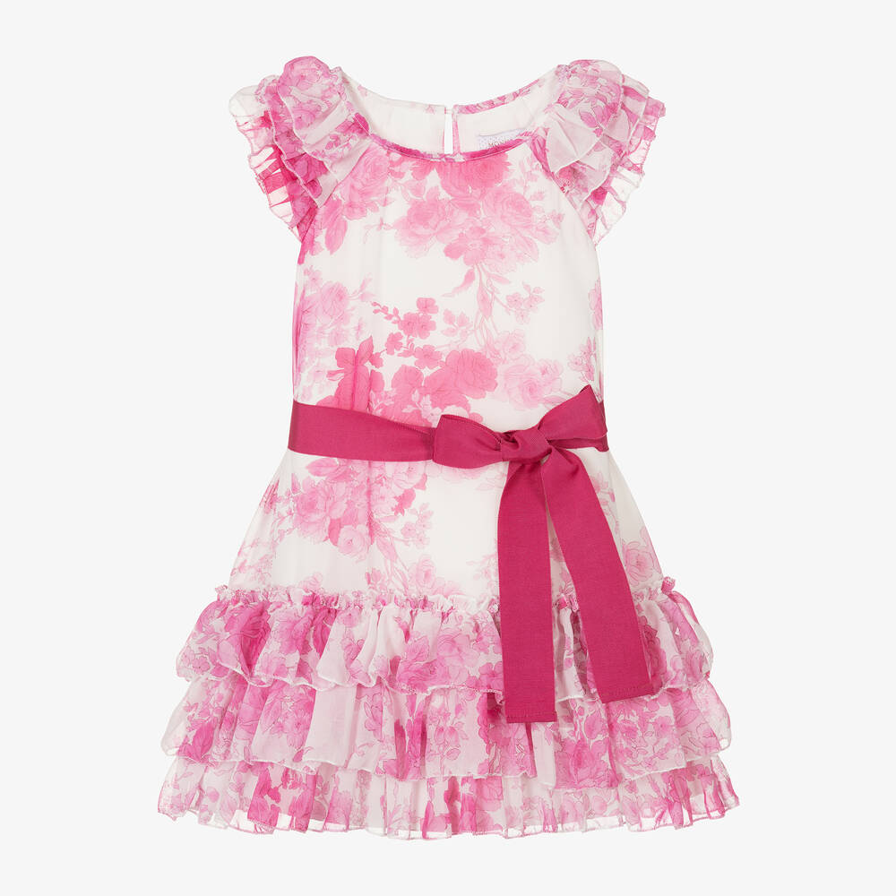 Monnalisa Chic - Розовое многоярусное платье из шифона с цветами для девочек | Childrensalon