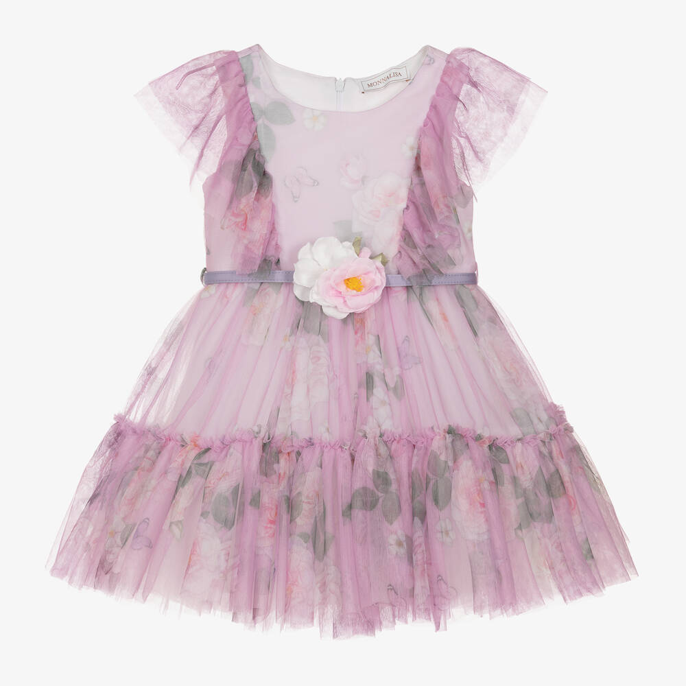 Monnalisa Kids' Girls Pink Floral Tulle Dress