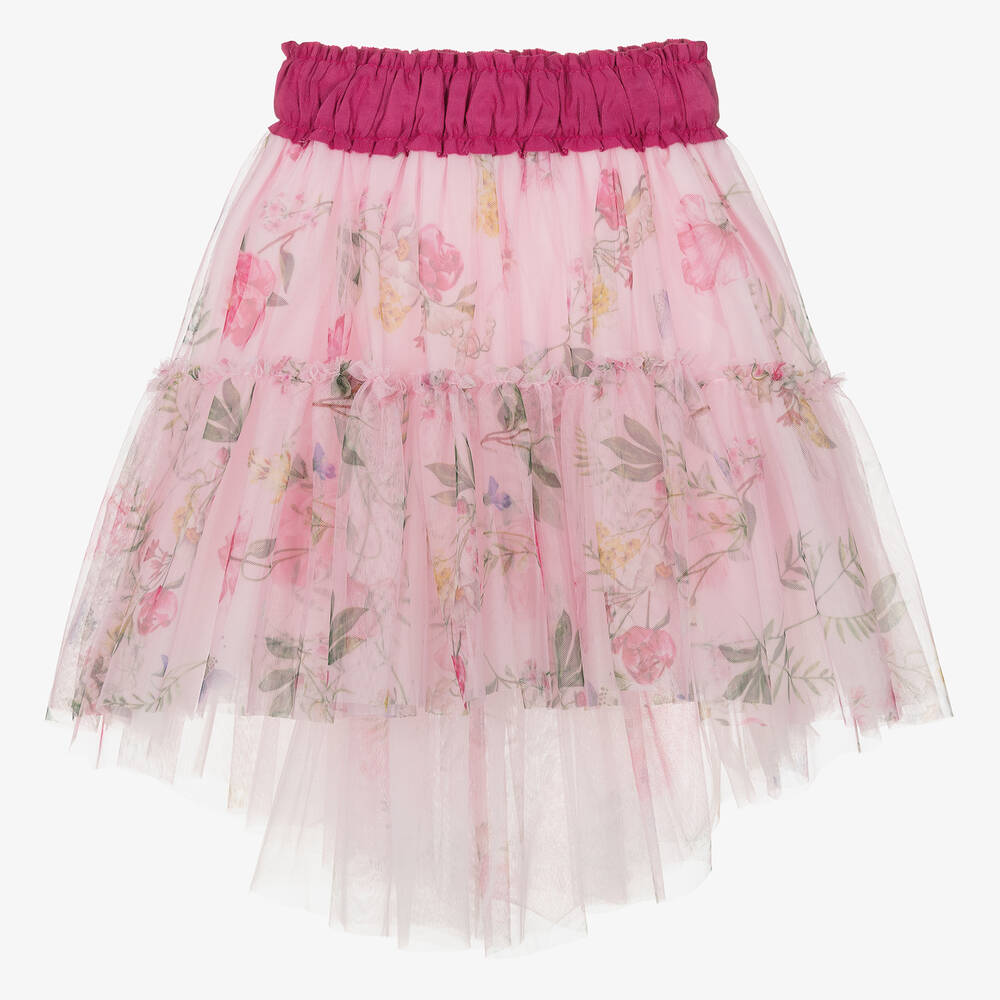 Monnalisa - Girls Pink Floral Tulle Skirt | Childrensalon