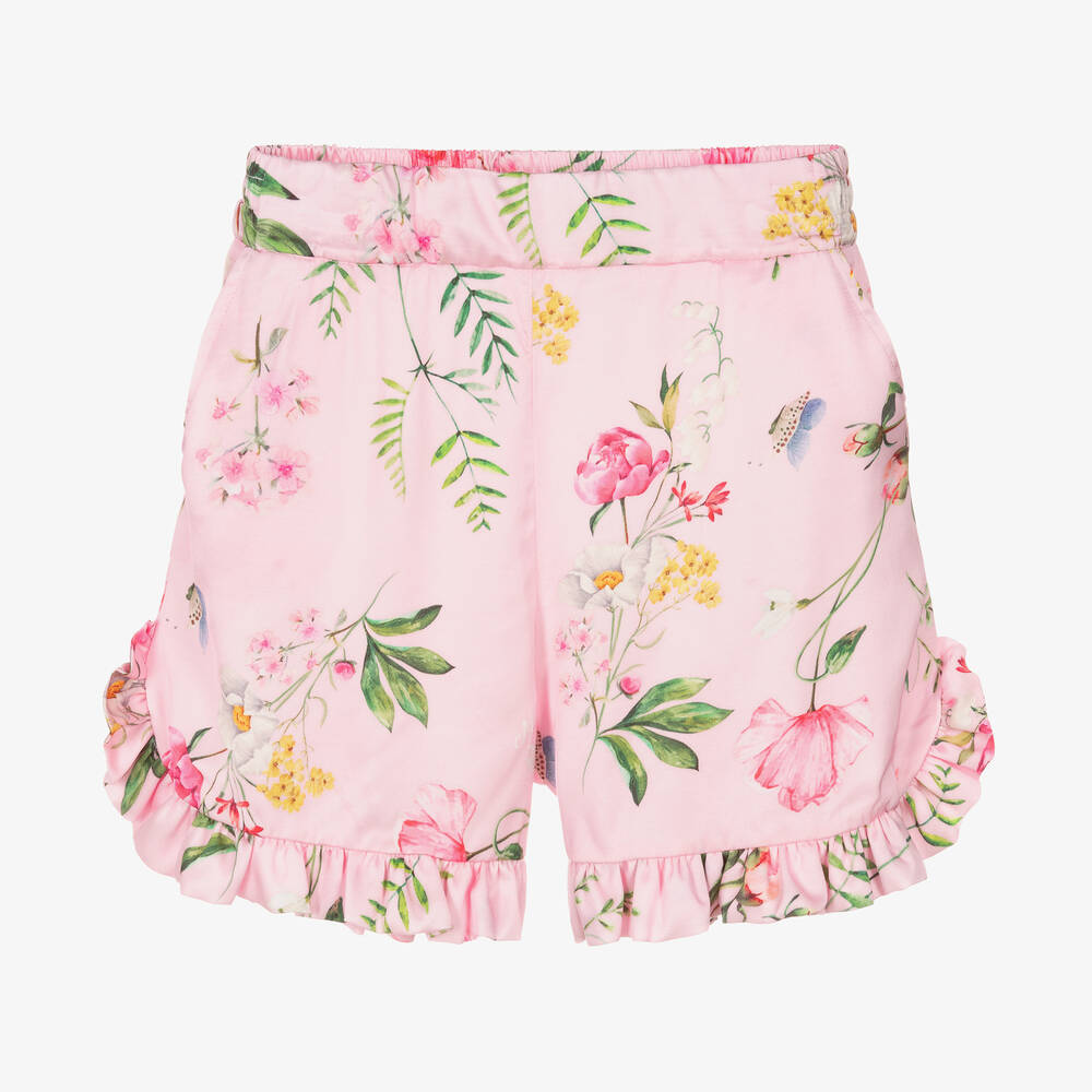 Monnalisa Chic - Girls Pink Floral Viscose Satin Shorts | Childrensalon