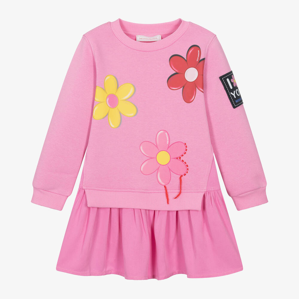 Monnalisa - Girls Pink Flower Print Sweatshirt Dress | Childrensalon