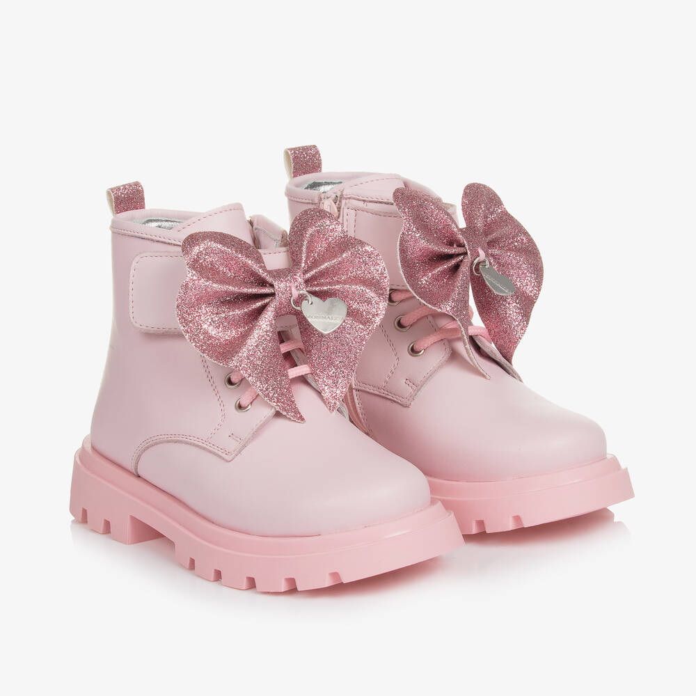 Monnalisa - Girls Pink Leather Bow Ankle Boots | Childrensalon