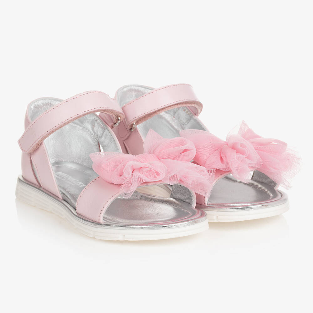 Monnalisa - Розовые кожаные сандалии с бантиками | Childrensalon