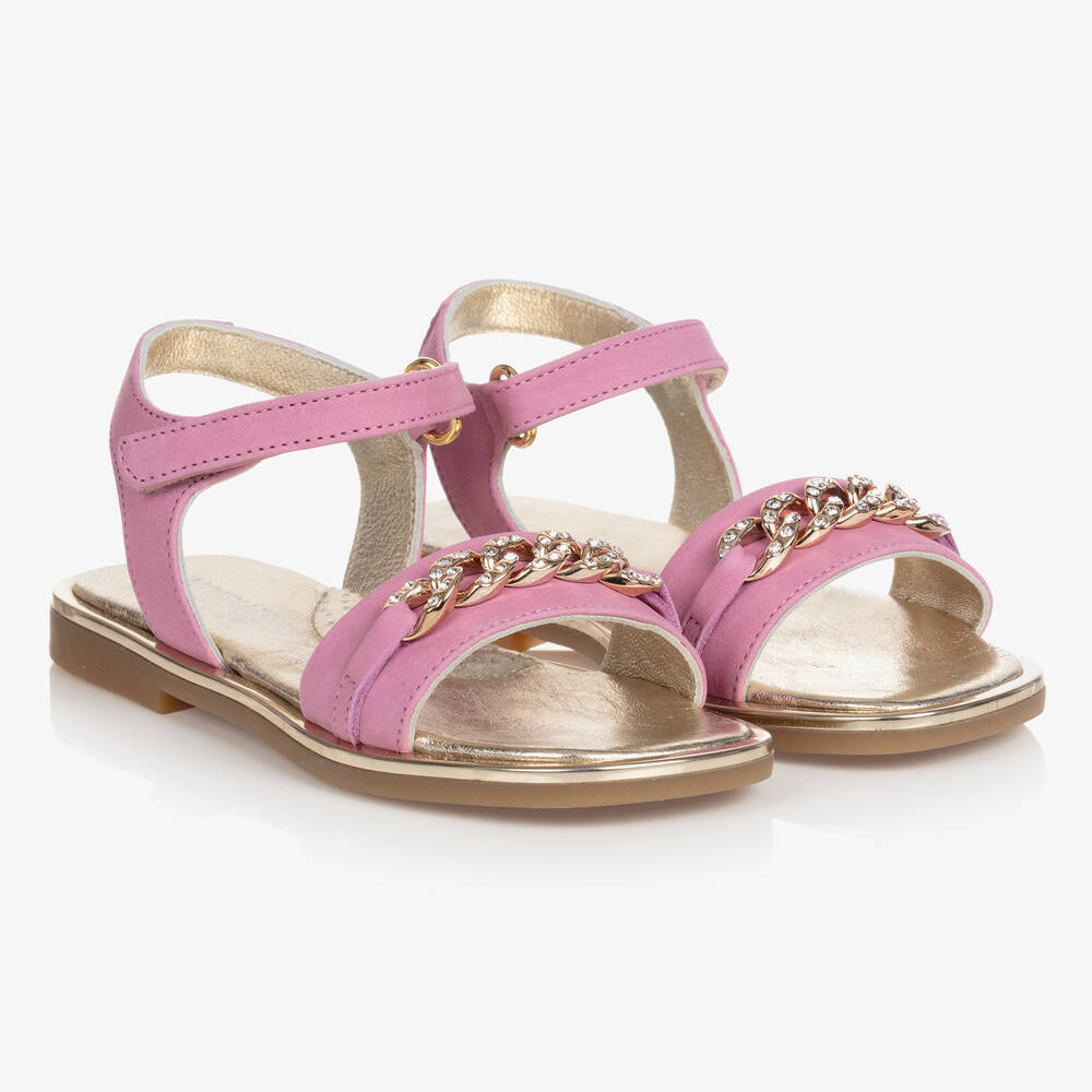 Monnalisa - Розовые кожаные сандалии с золотистыми цепочками | Childrensalon