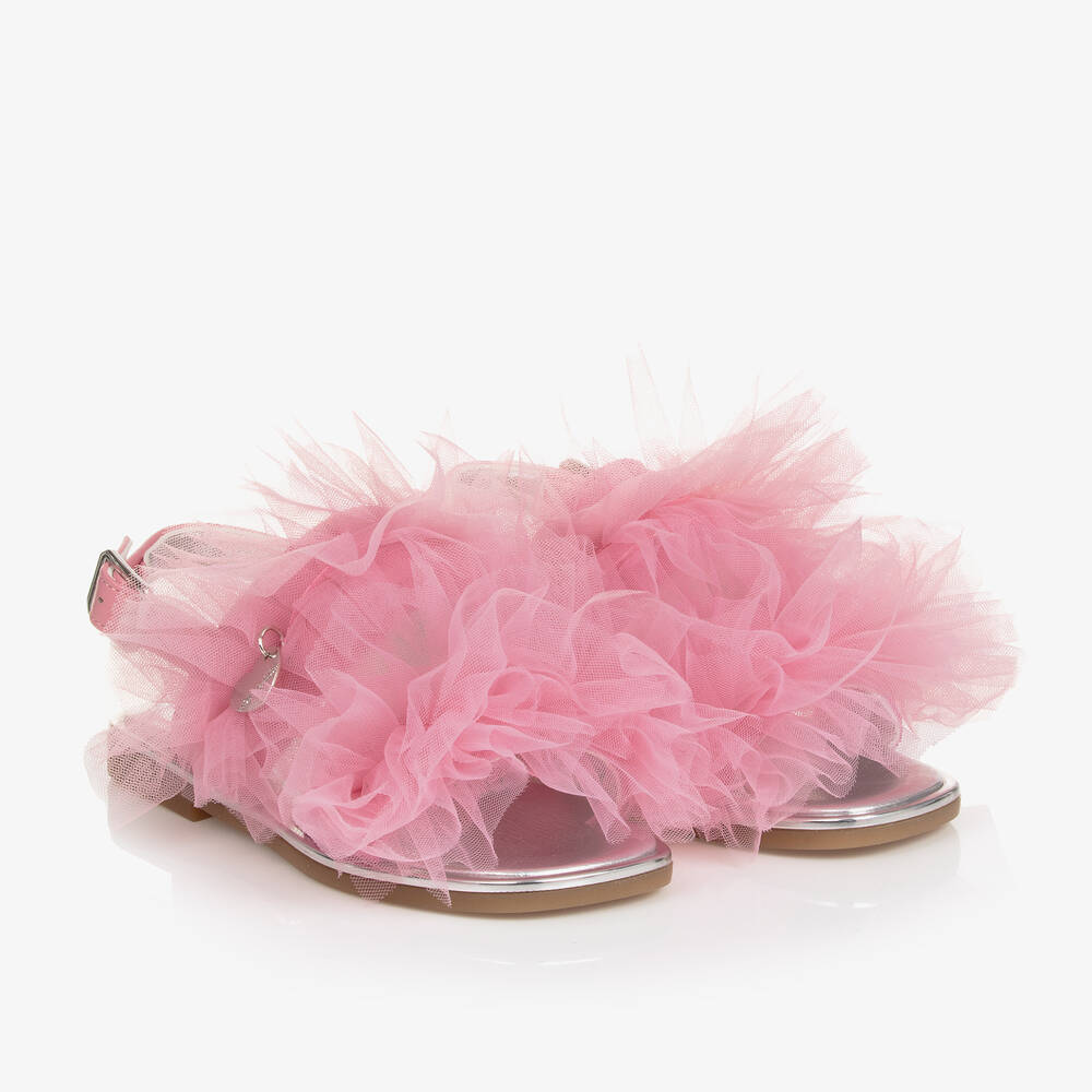 Monnalisa - Girls Pink Ruffle Tulle Sandals | Childrensalon