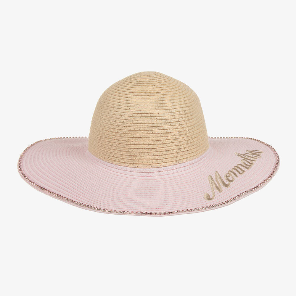 Monnalisa - قبعة للشمس قش لون زهري فاتح وبيج للبنات | Childrensalon