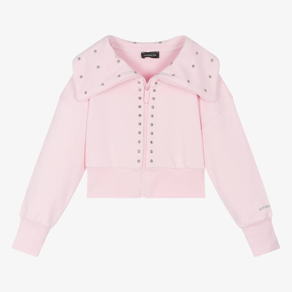 Monnalisa - Girls Pink Studded Cotton Zip-Up Top | Childrensalon