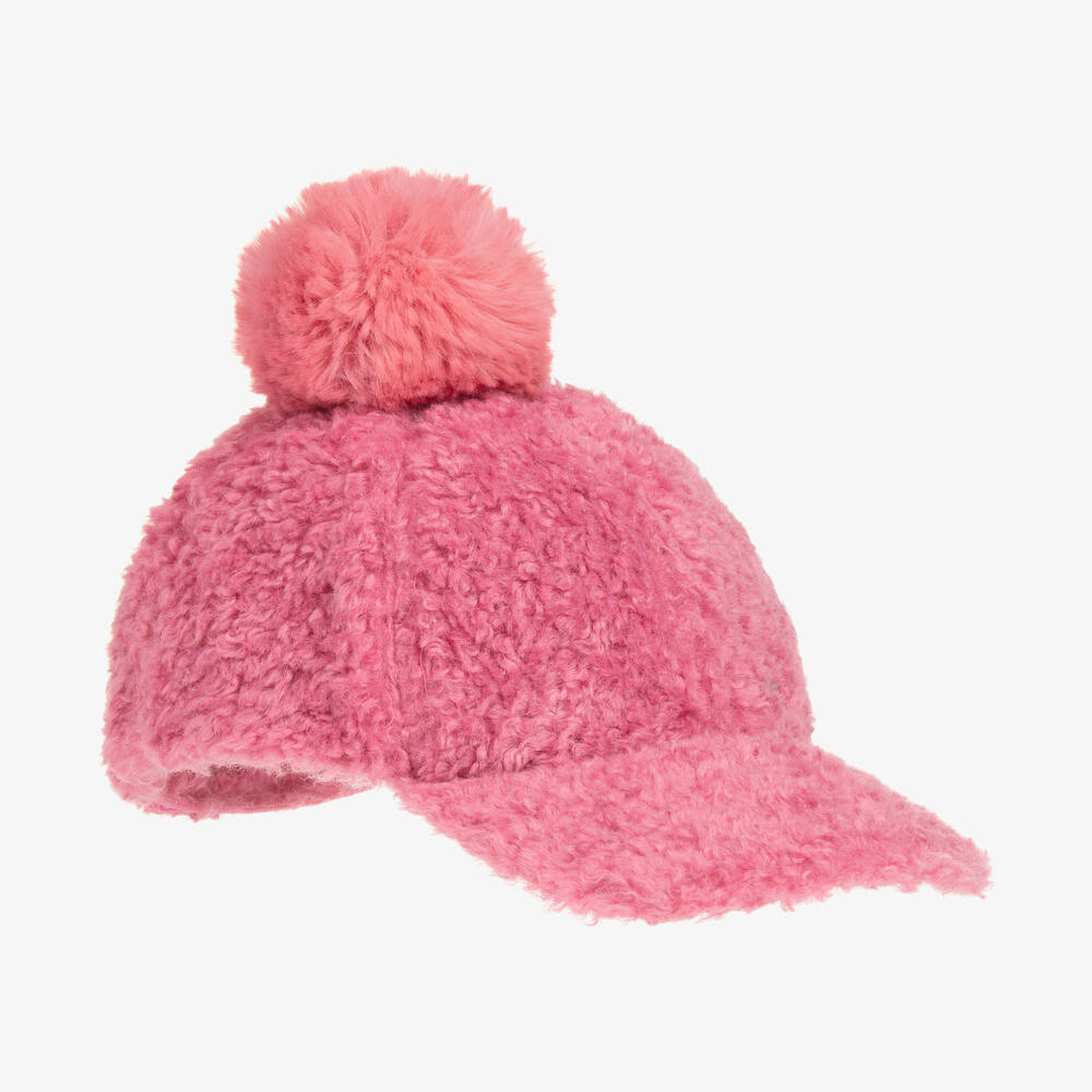 Monnalisa - Girls Pink Teddy Fleece Pom-Pom Cap | Childrensalon