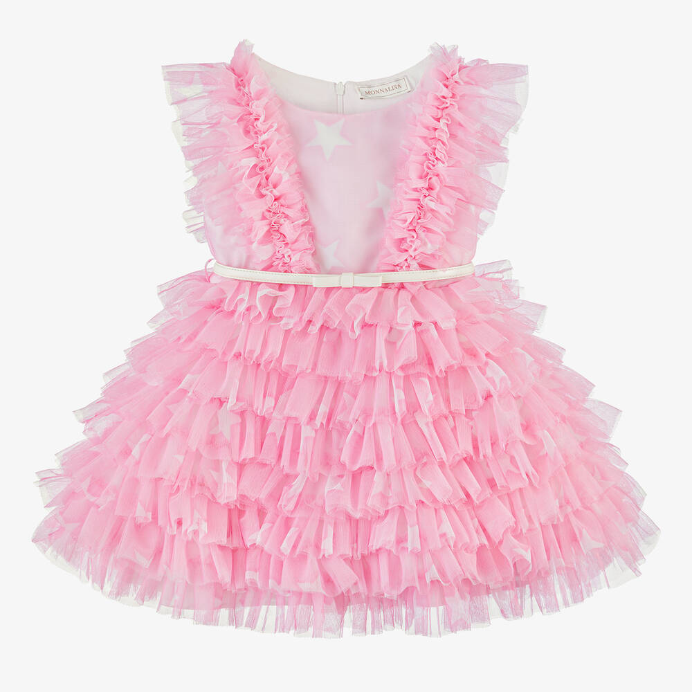 Monnalisa - Girls Pink Tulle Ruffle Dress | Childrensalon