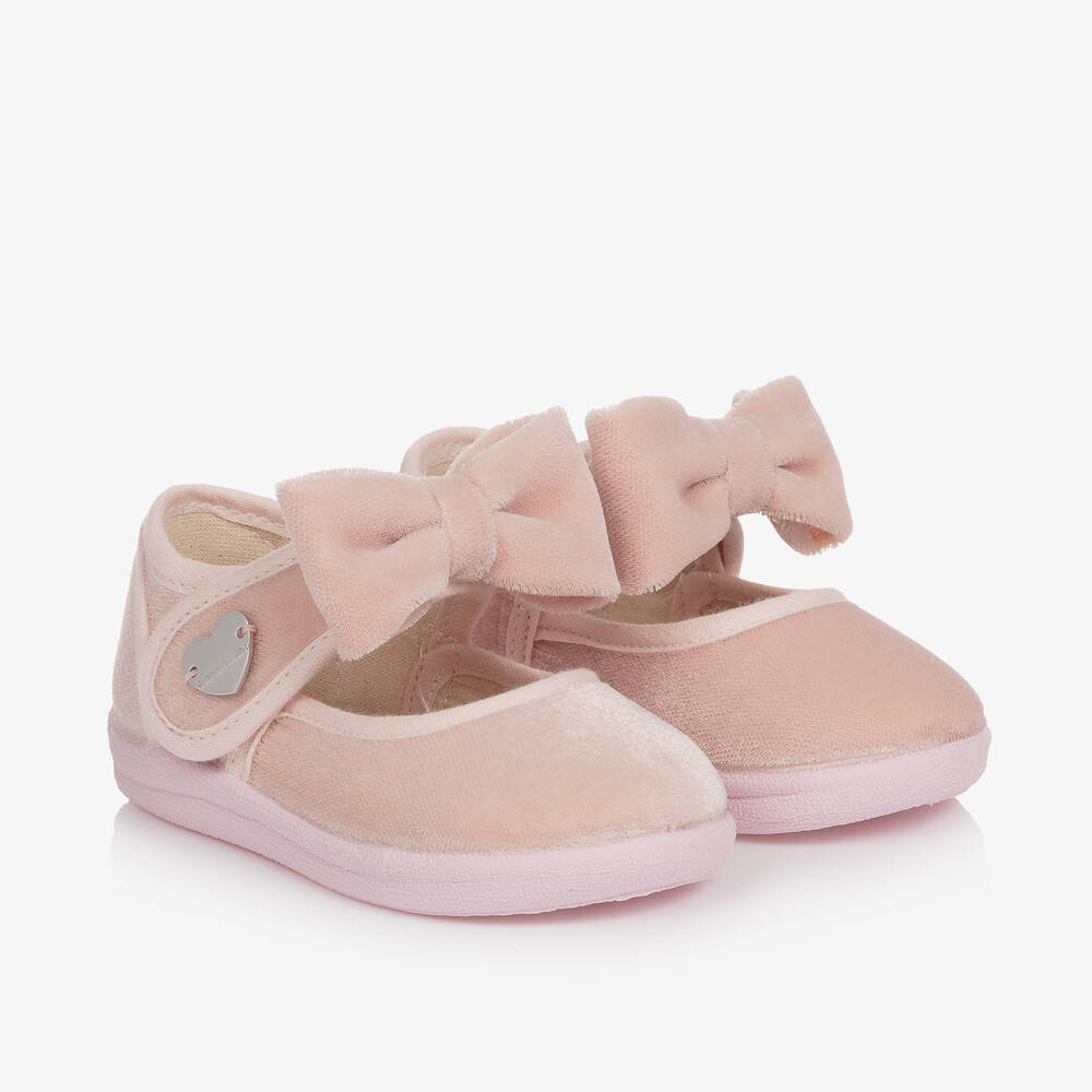 Monnalisa - Girls Pink Velvet Bow Shoes | Childrensalon