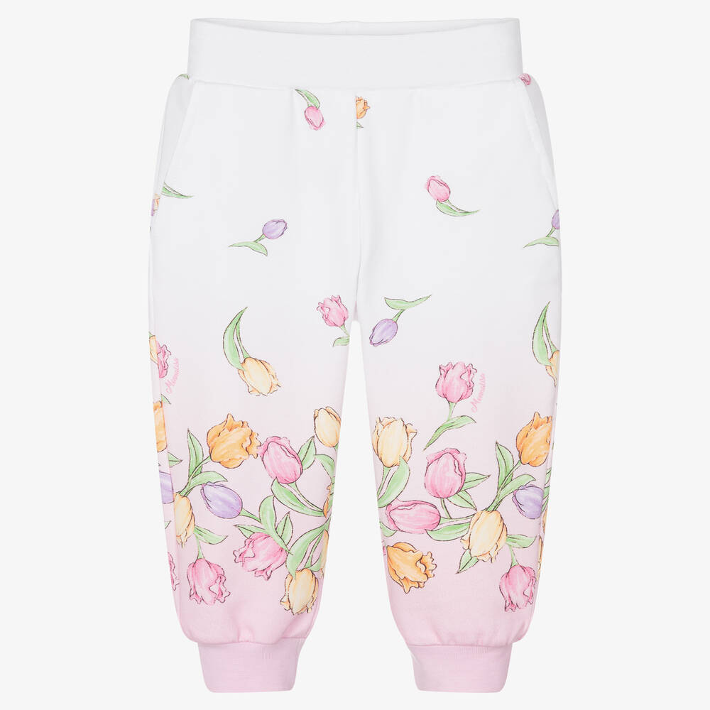 Monnalisa - Бело-розовые хлопковые джоггеры с цветами | Childrensalon
