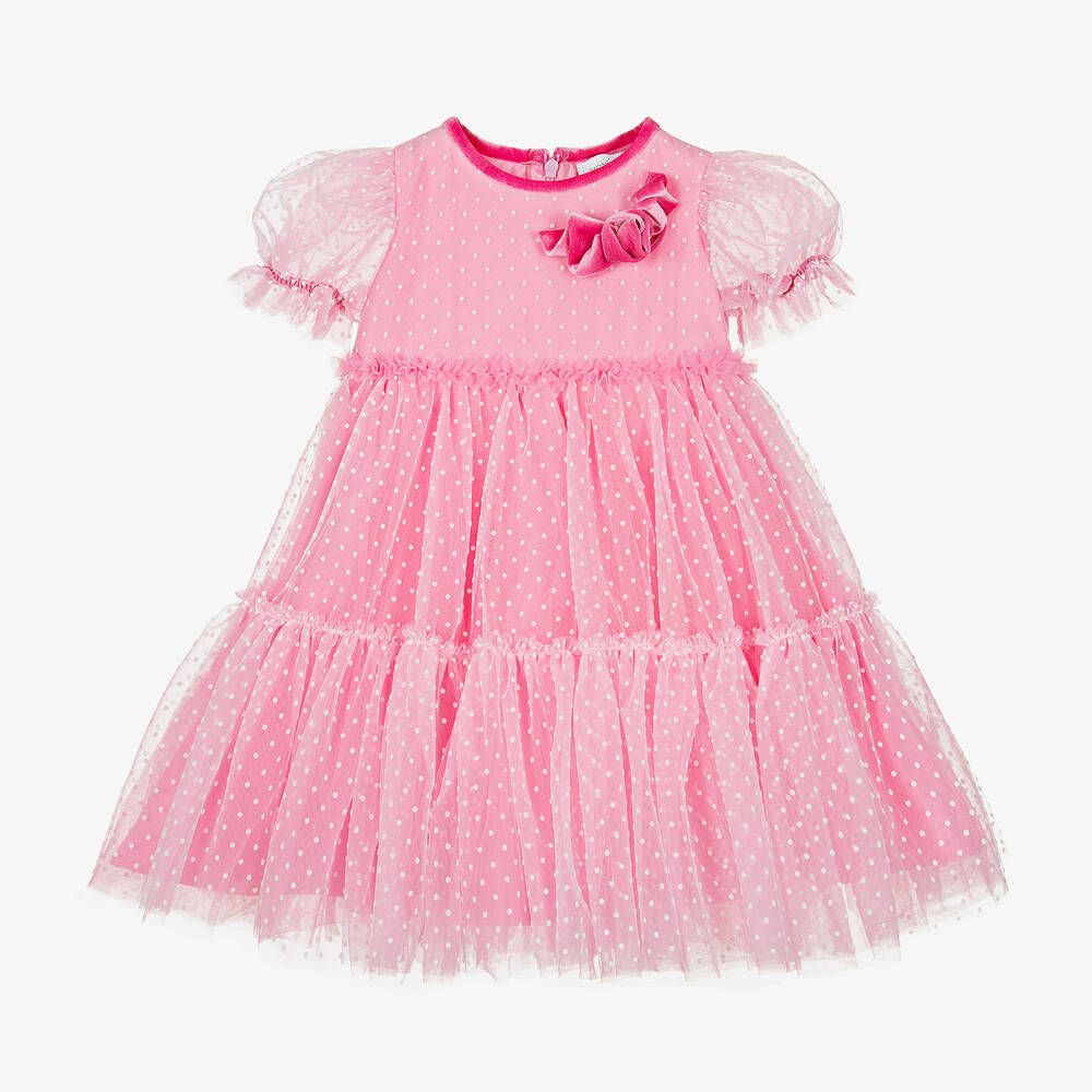 Monnalisa Chic - Girls Pink & White Polka Dot Tulle Dress | Childrensalon