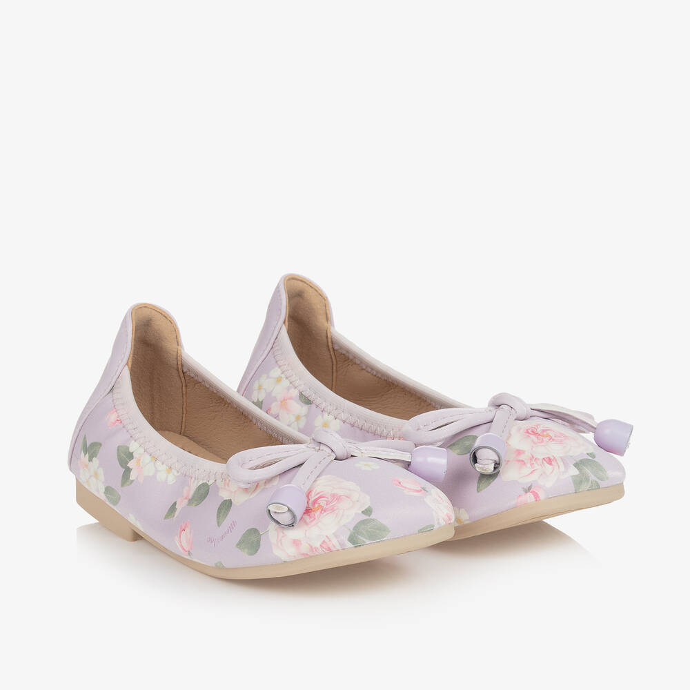 Monnalisa - Girls Purple Floral Ballerina Flats | Childrensalon