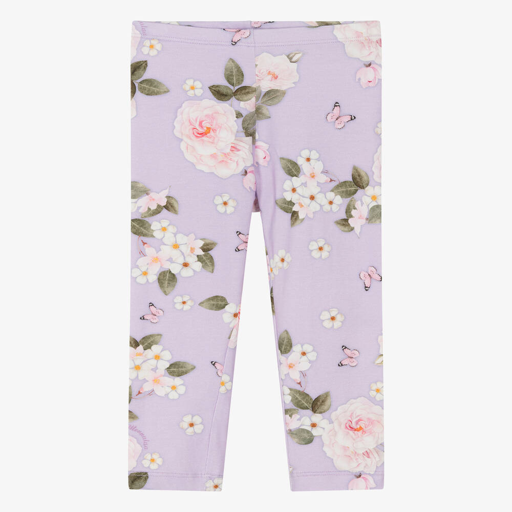 Monnalisa - Girls Purple Floral Cotton Jersey Leggings | Childrensalon