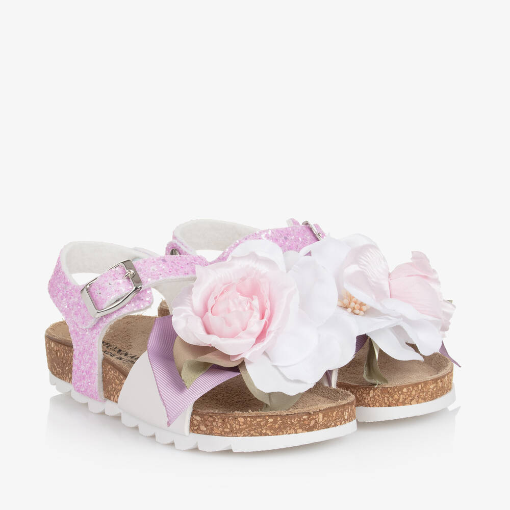 Monnalisa - Girls Purple Glitter Floral Sandals | Childrensalon