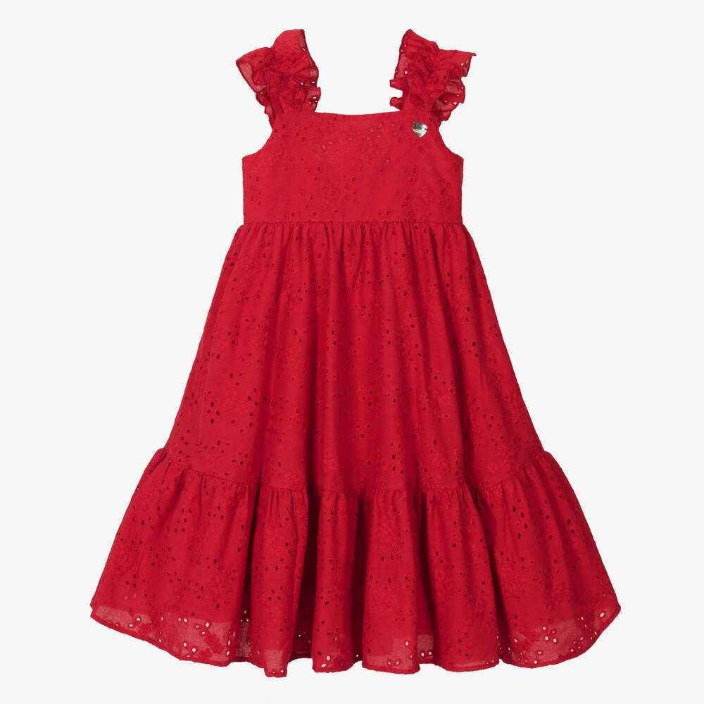 Monnalisa - Girls Red Cotton Broderie Anglaise Dress | Childrensalon