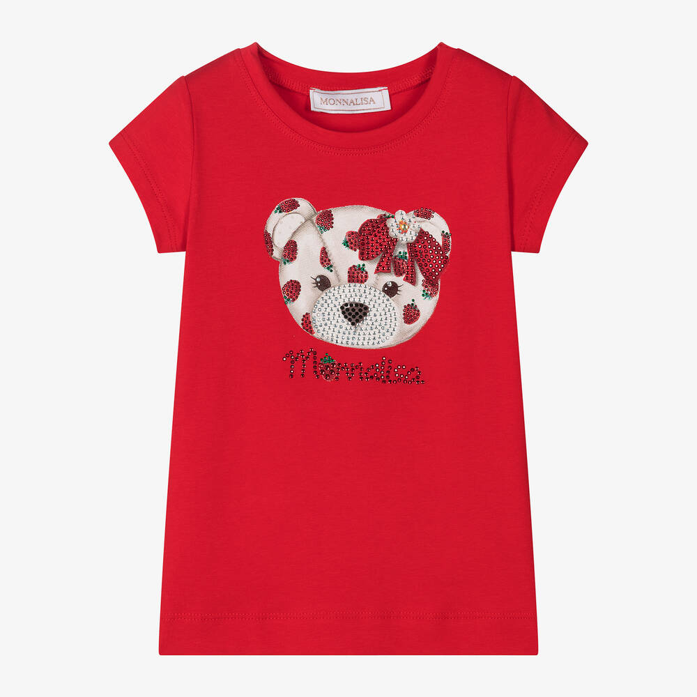 Monnalisa - Girls Red Cotton Strawberry Bear T-Shirt | Childrensalon
