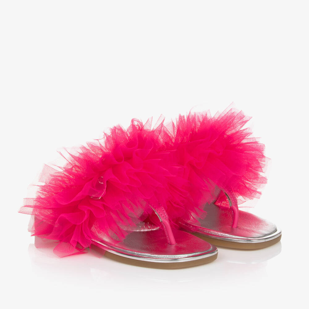 Monnalisa - Girls Silver & Pink Ruffle Flip Flops | Childrensalon