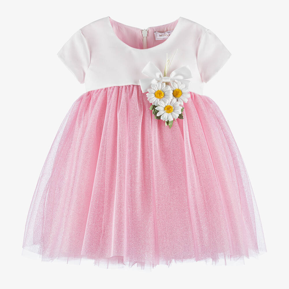 Monnalisa Pink Dress For Baby Girl With Daisies And Lurex
