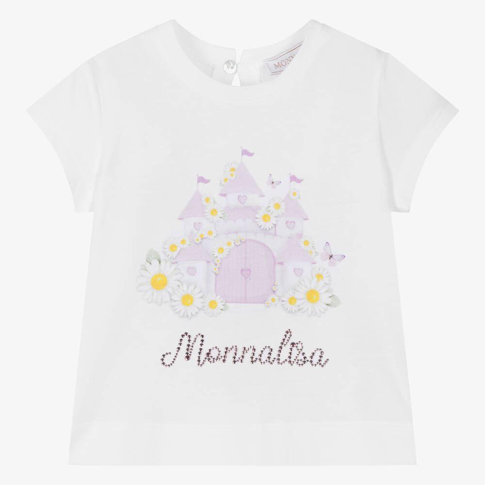 Monnalisa - Girls White Castle Print Cotton T-Shirt | Childrensalon