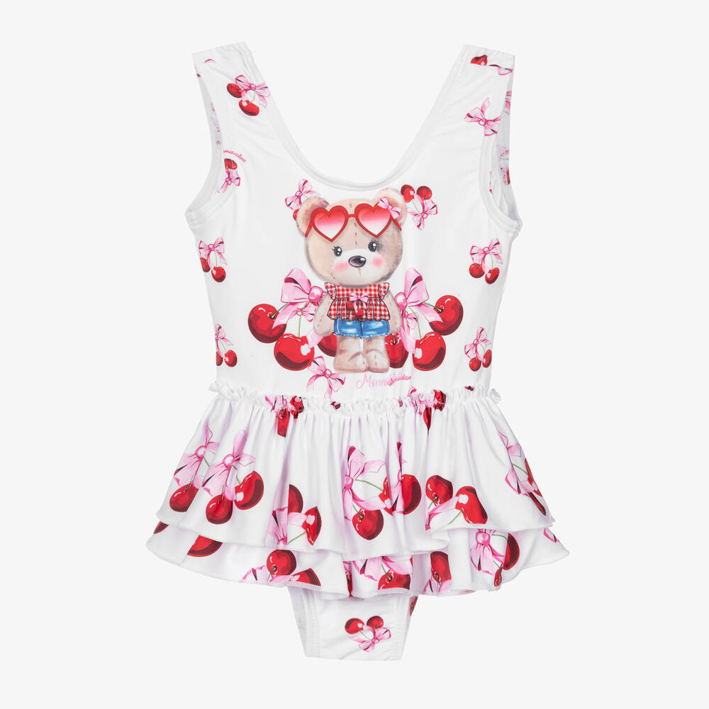 Monnalisa - Girls White Cherry & Teddy Swimsuit | Childrensalon