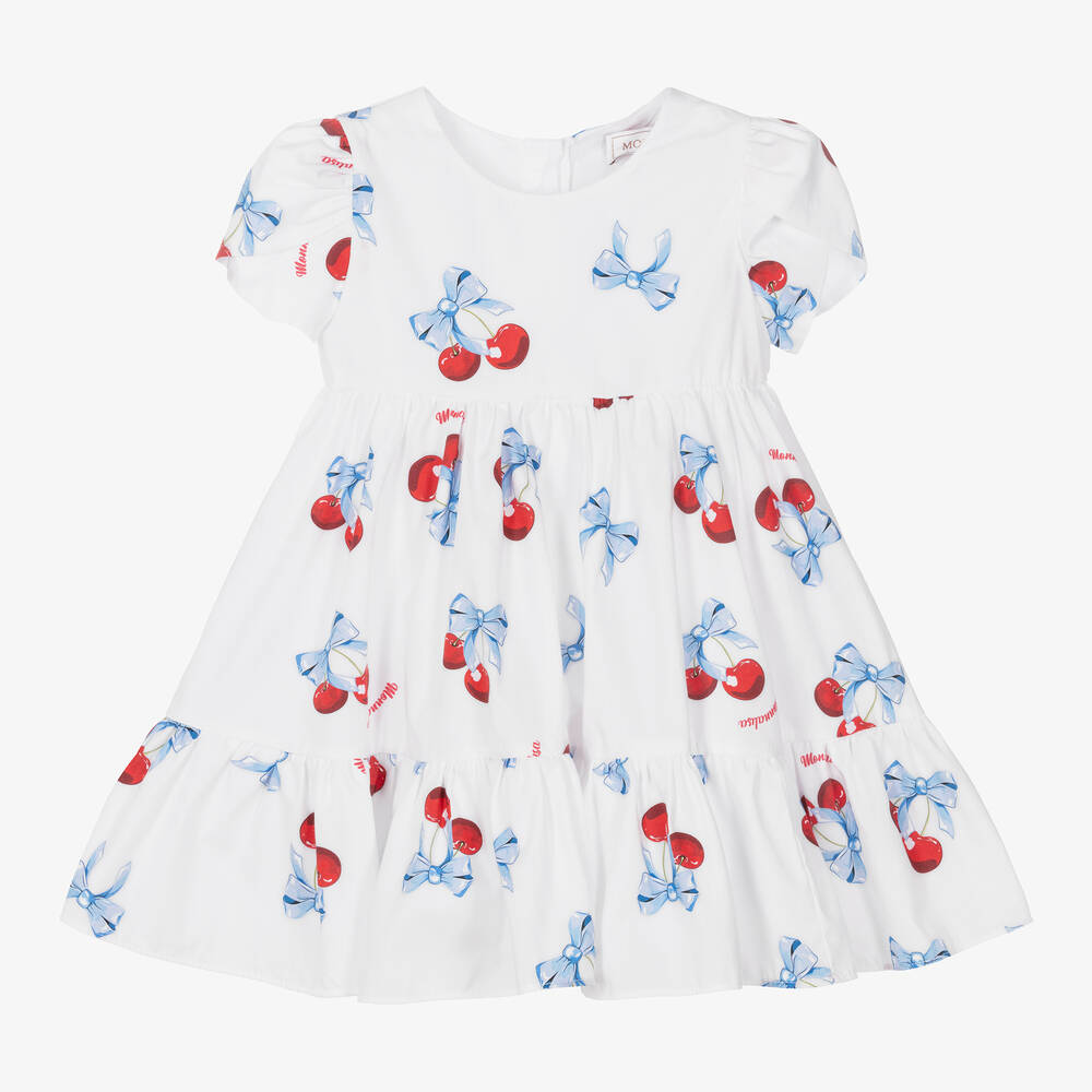 Monnalisa - Girls White Cotton Cherry Print Dress | Childrensalon