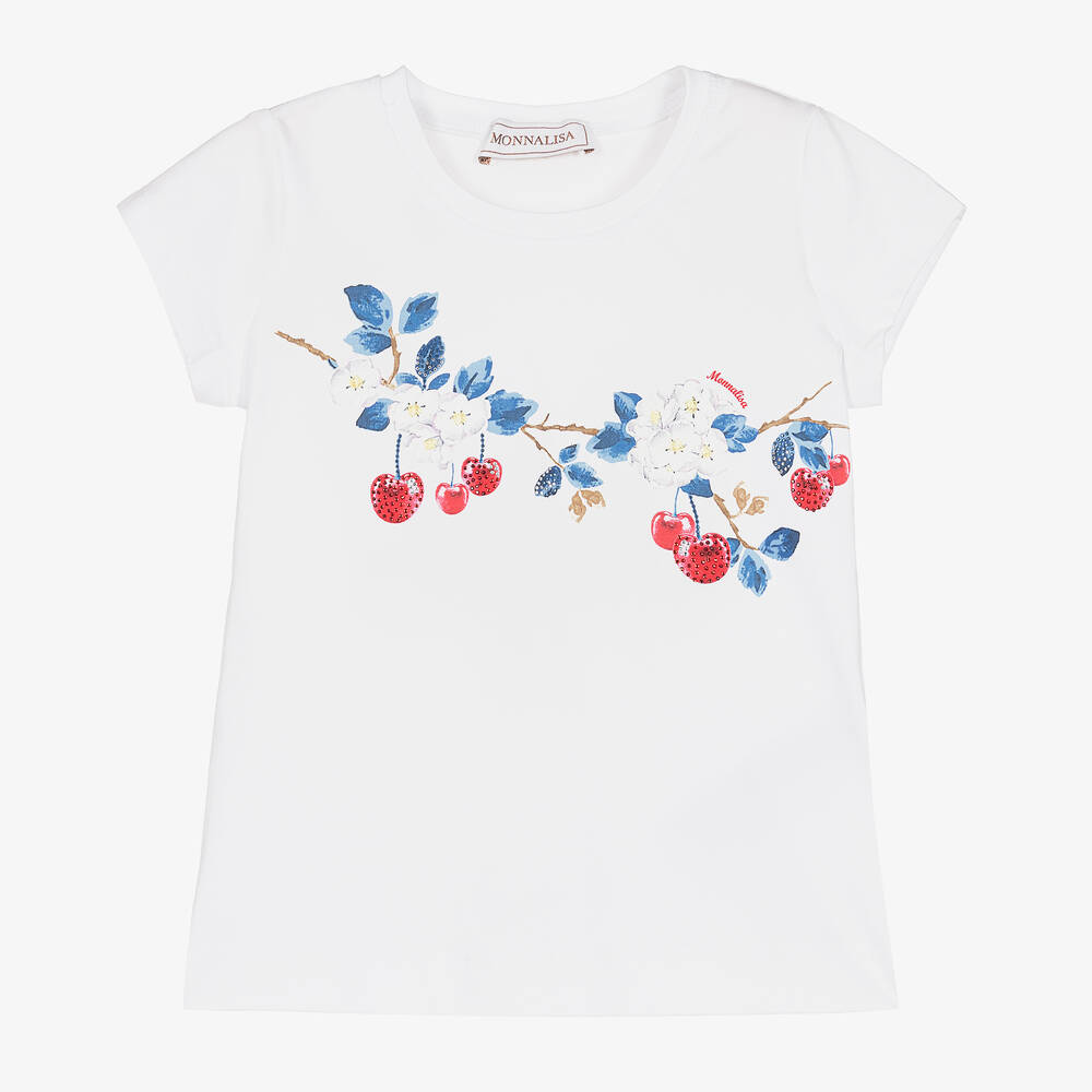 Monnalisa - Белая хлопковая футболка с вишнями | Childrensalon