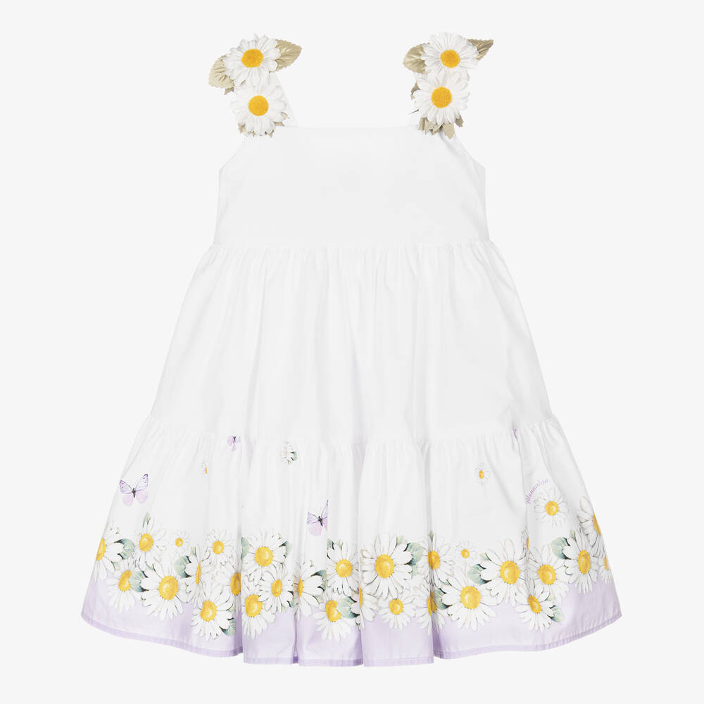 Monnalisa - Girls White Cotton Daisy Dress | Childrensalon