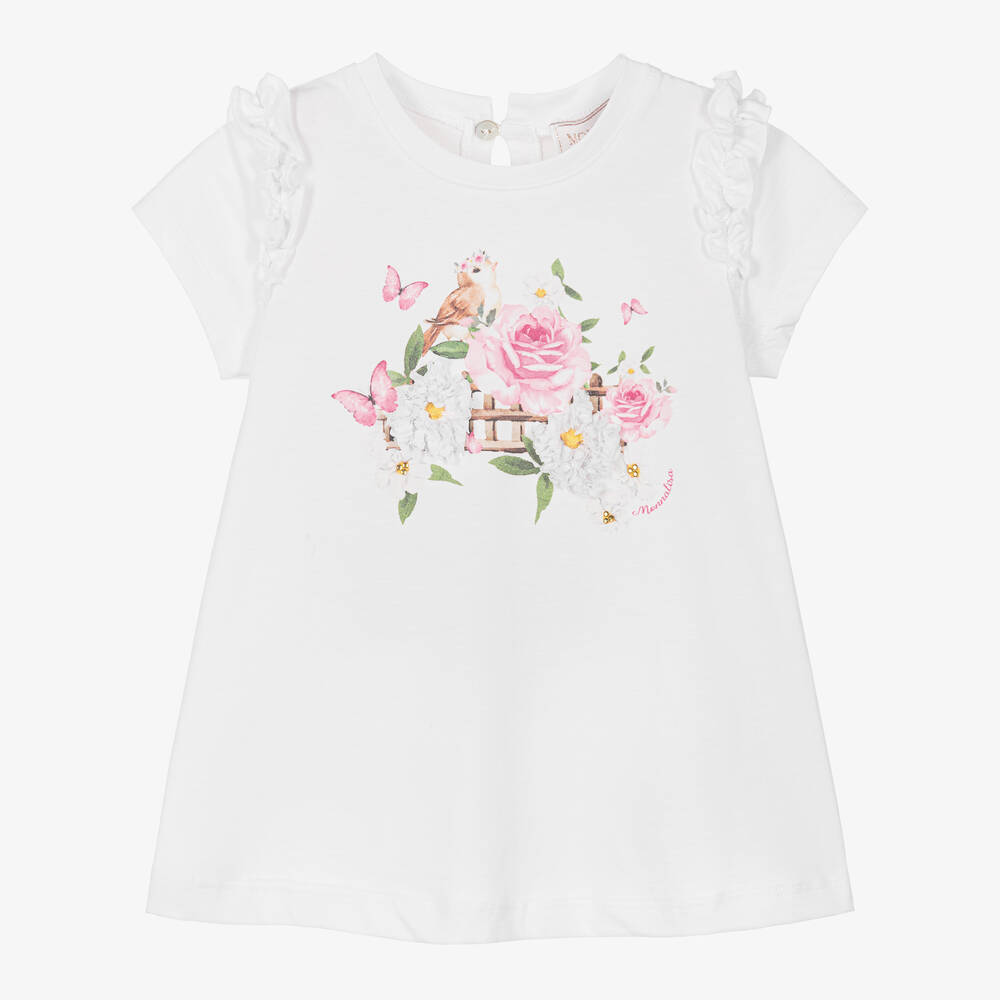 Monnalisa - Girls White Cotton Floral Dress | Childrensalon