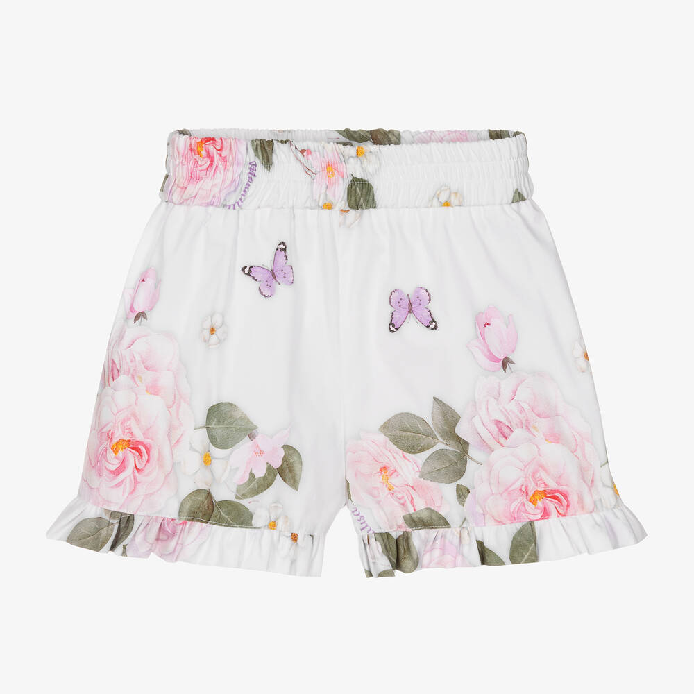 Monnalisa - Girls White Cotton Floral Shorts | Childrensalon