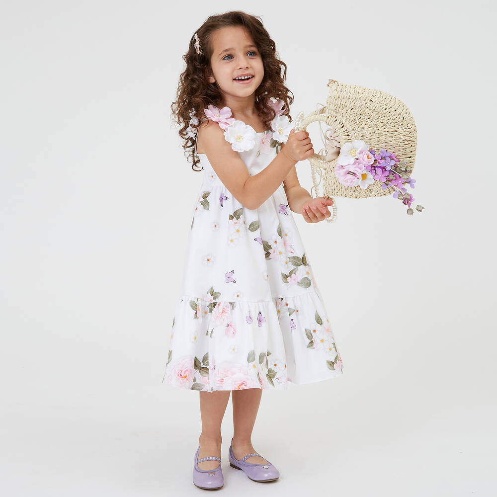 Monnalisa-Girls White Cotton Flower & Butterfly Dress | Childrensalon