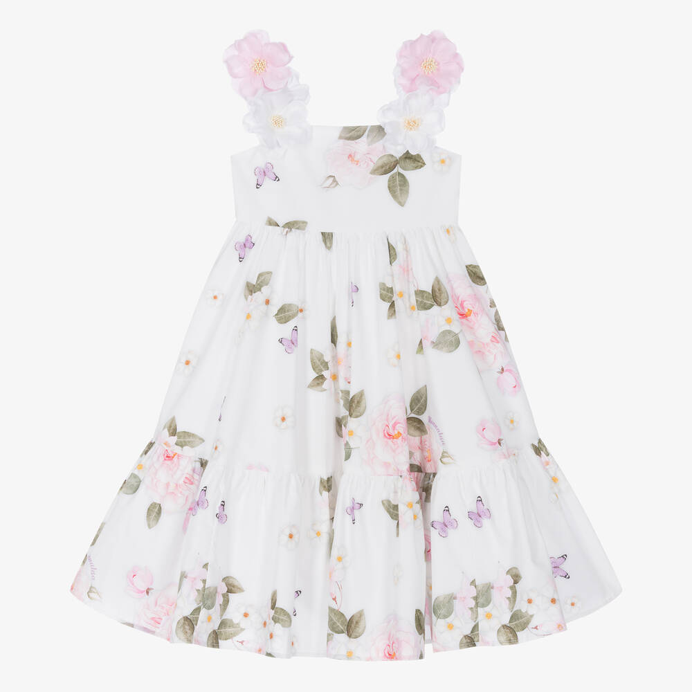 Monnalisa - Girls White Cotton Flower & Butterfly Dress | Childrensalon