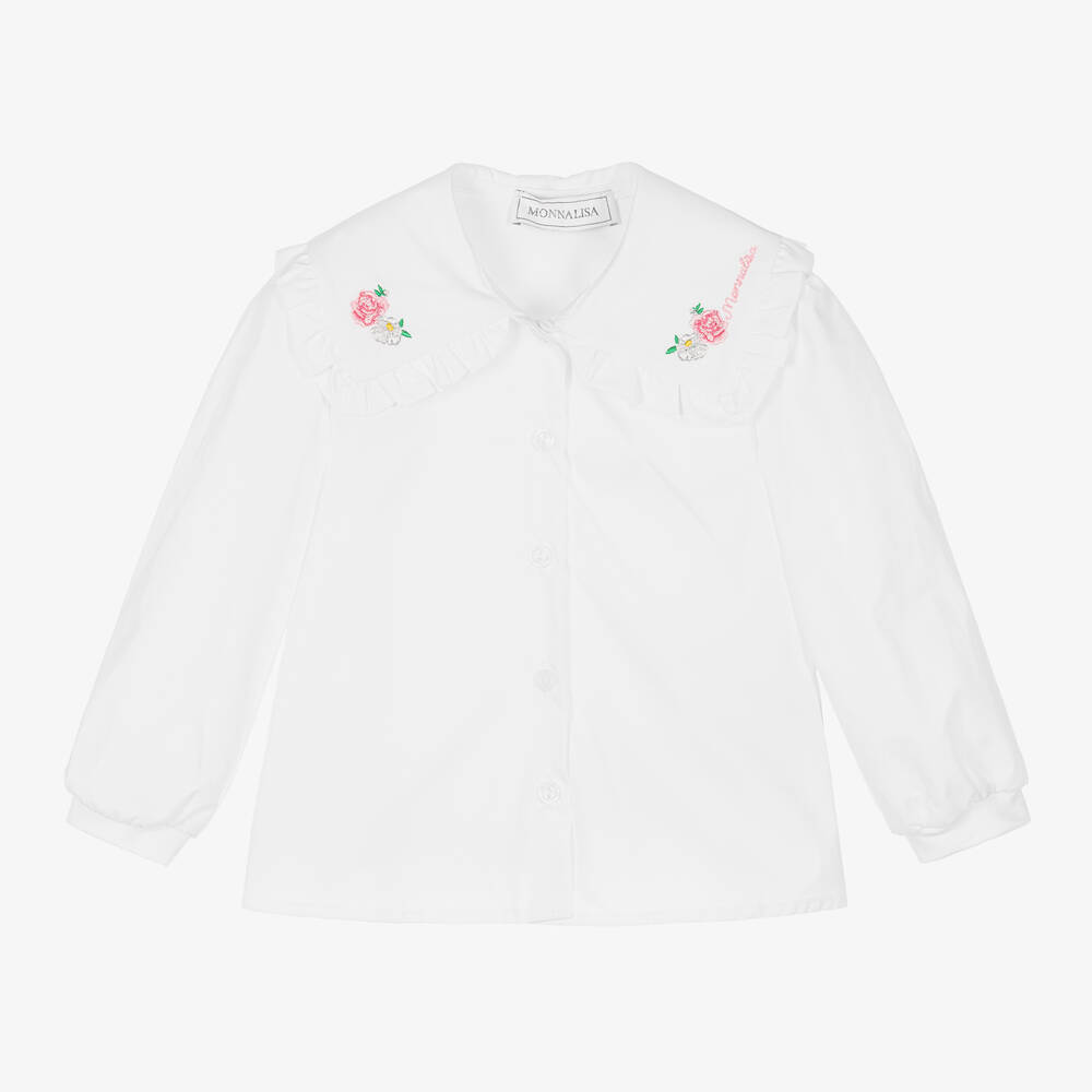 Monnalisa - Белая хлопковая блузка с цветами на воротнике для девочек | Childrensalon