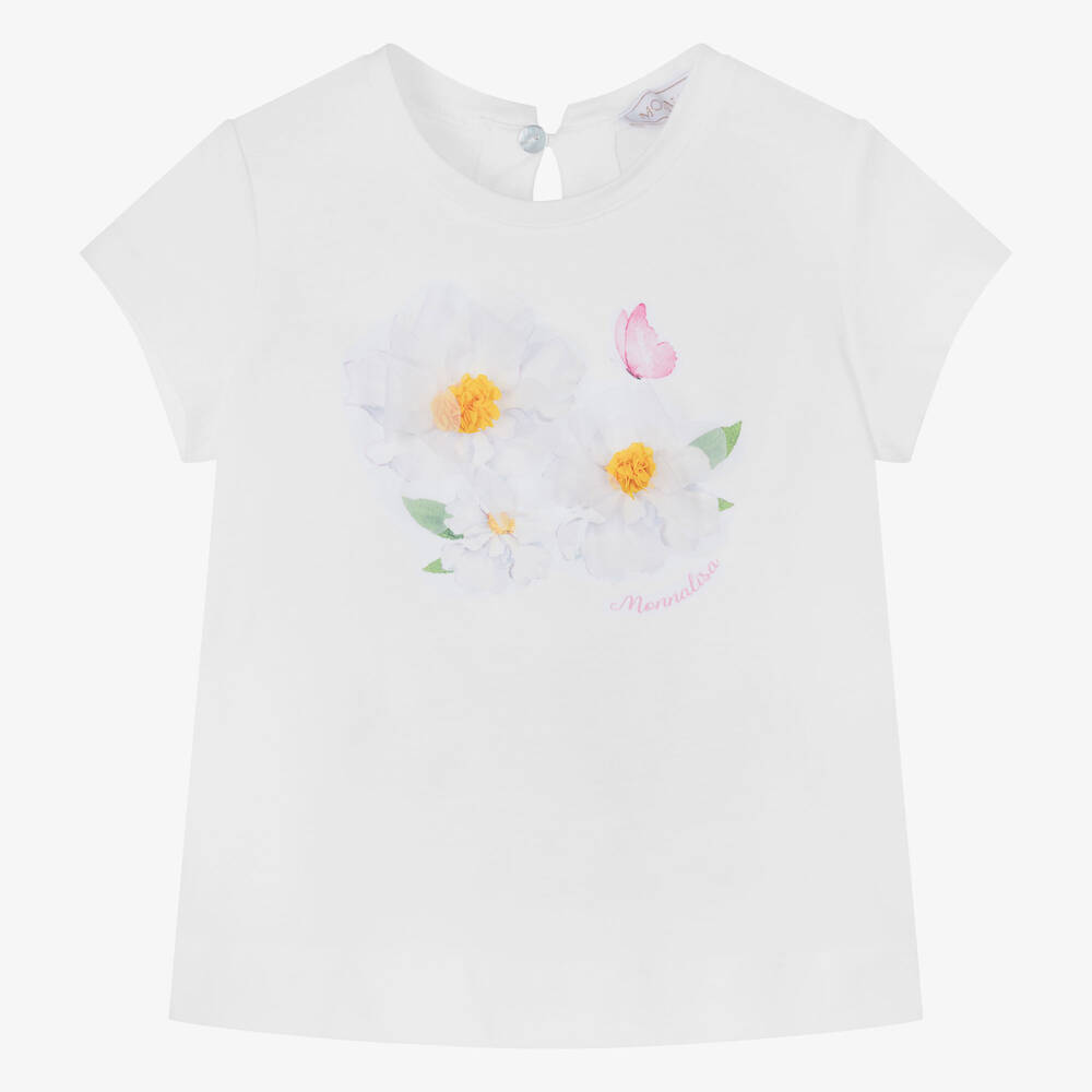 Monnalisa - Girls White Cotton Flower T-Shirt | Childrensalon