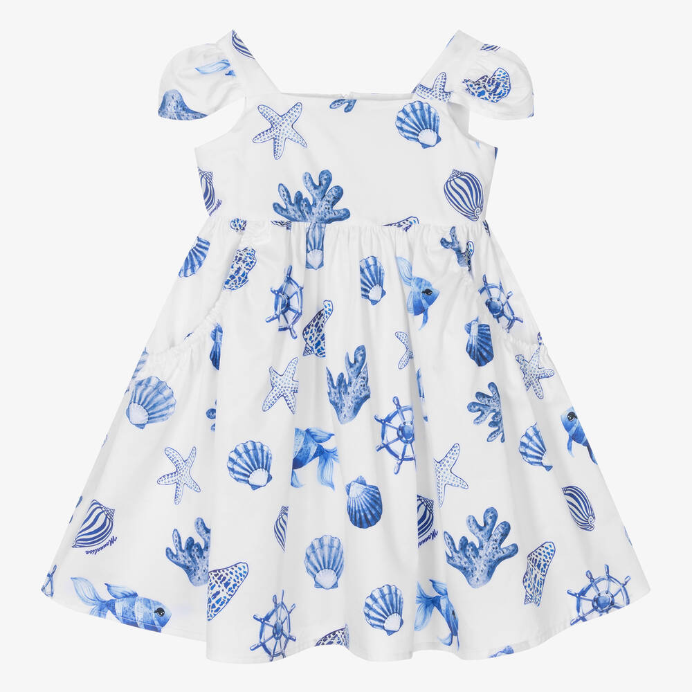 Monnalisa - Girls White Cotton Shell Print Dress | Childrensalon