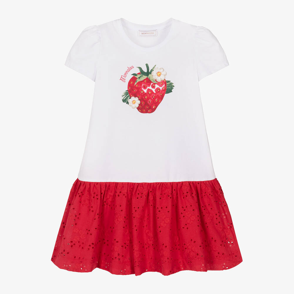 Monnalisa - Girls White Cotton Strawberry Dress | Childrensalon