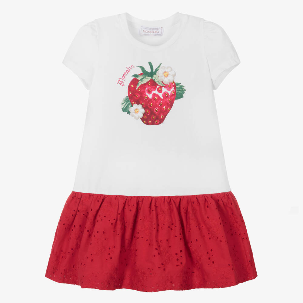 Shop Monnalisa Girls White Cotton Strawberry Dress
