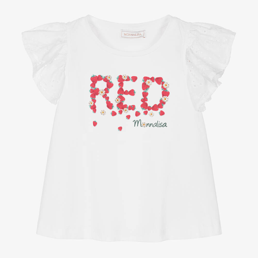 Monnalisa - Girls White Cotton Strawberry T-Shirt | Childrensalon