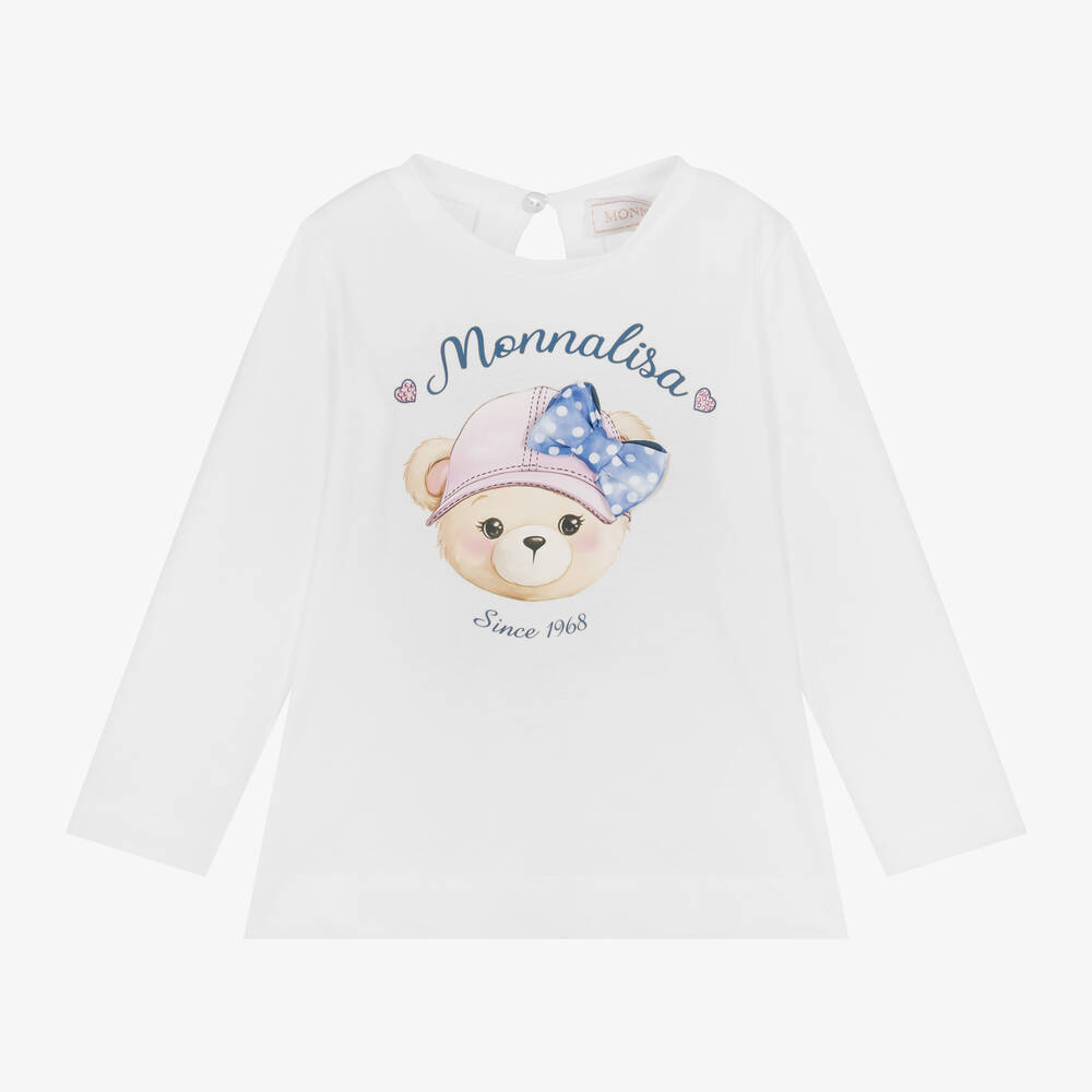 Monnalisa - Girls White Cotton Teddy Bear Top | Childrensalon