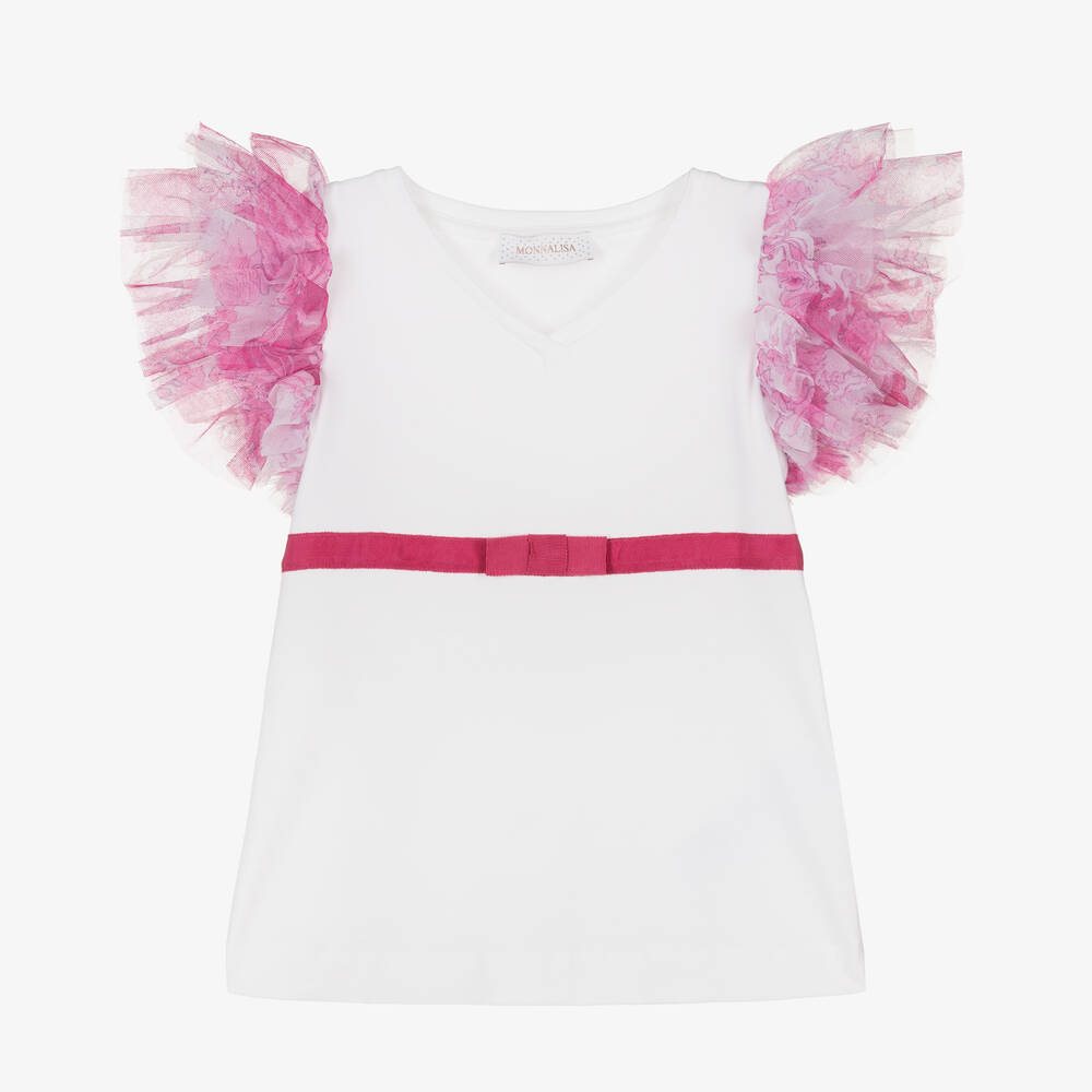 Monnalisa Chic - Girls White Cotton & Tulle T-Shirt | Childrensalon