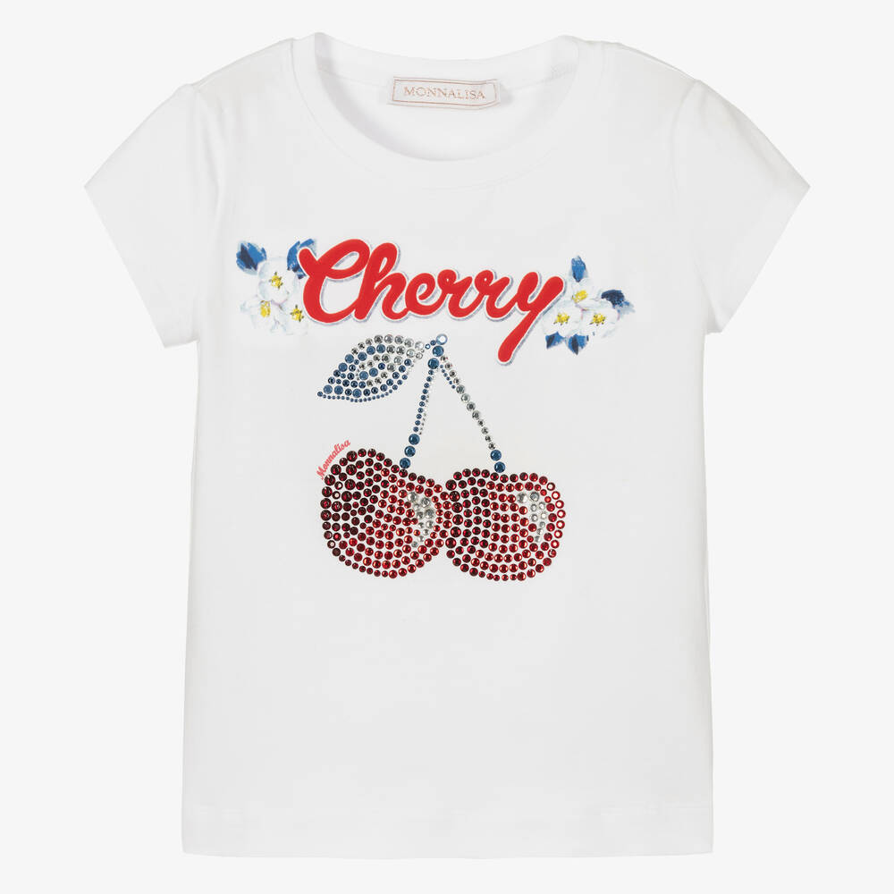 Monnalisa - Girls White Diamanté Cherry T-Shirt | Childrensalon
