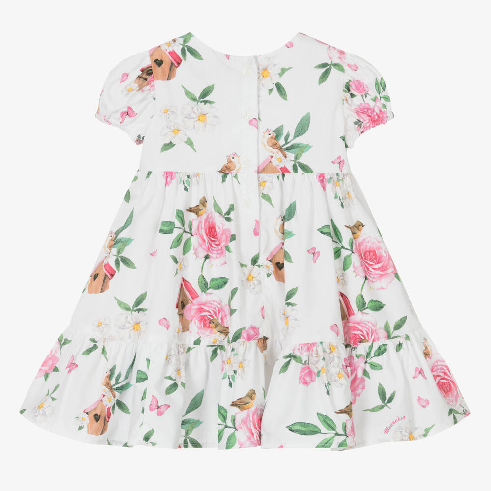 Monnalisa - Girls White Floral Cotton Dress | Childrensalon