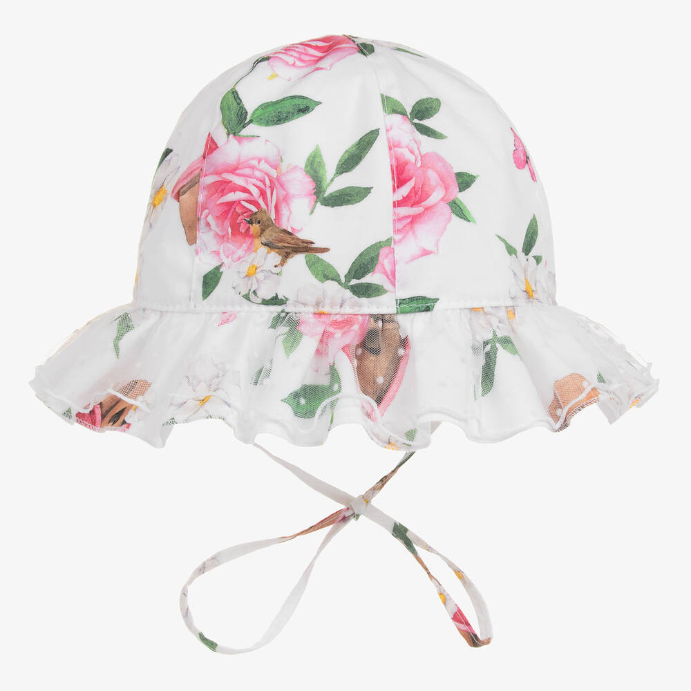 Monnalisa - Girls White Floral Cotton Hat | Childrensalon